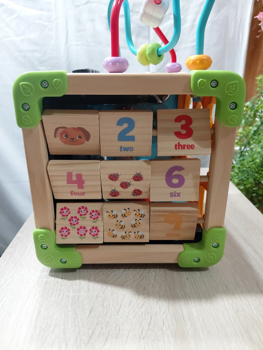 Wooden Activity Cube with Number Blocks - Green Accents